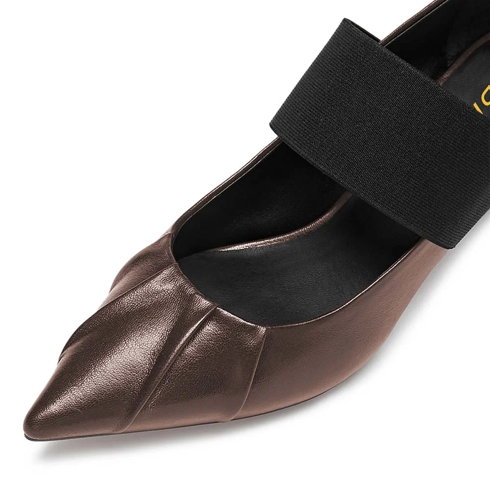 Brown Pleated Pointed Toe Elastic Band Kitten Heel Pumps for Women