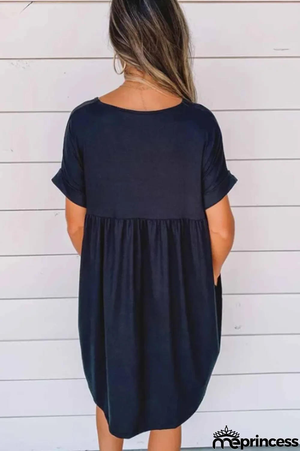 V-neck Solid Color Loose Mini Dress