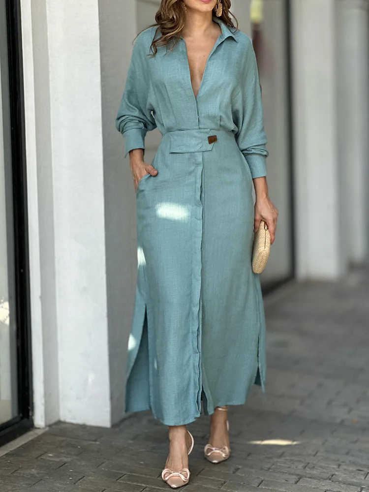 FASHION COTTON LINEN SOLID COLOR V-NECK DRESS