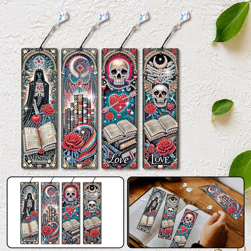 4Pcs Skull Heart Themed DIY Diamond Painting Bookmark for Reading Enthusiasts