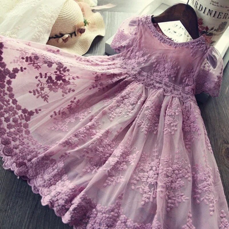 Girls Flower Lace Embroidery Dresses Kids Summer Short Sleeve Elegant Princess Costume Birthday Party Vestidos Children Clothes