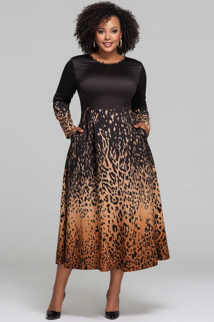 Xpluswear Design Plus Size Business Casual Brown Leopard Round Neck Long Sleeve Pocket Elegant Midi Dresses - Xpluswear.com Xpluswear Design Plus Size Business Casual Brown Leopard Round Neck Long Sleeve Pocket Elegant Midi Dresses - Xpluswear.com