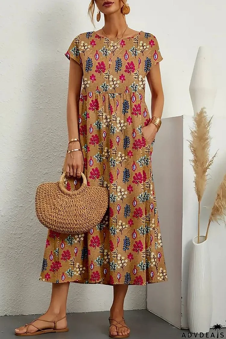 Casual Floral Pocket O Neck Printed Dress Dresses