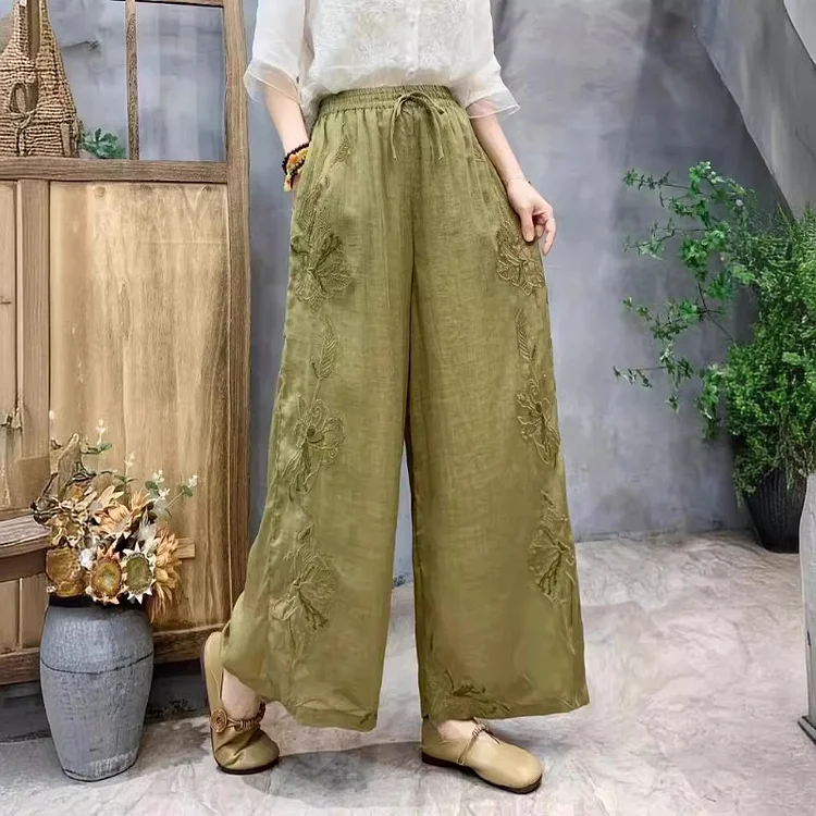 Elastic Waist Heavy Embroidery Ramie Light Double Layer Wide Leg Trousers Casual Pants