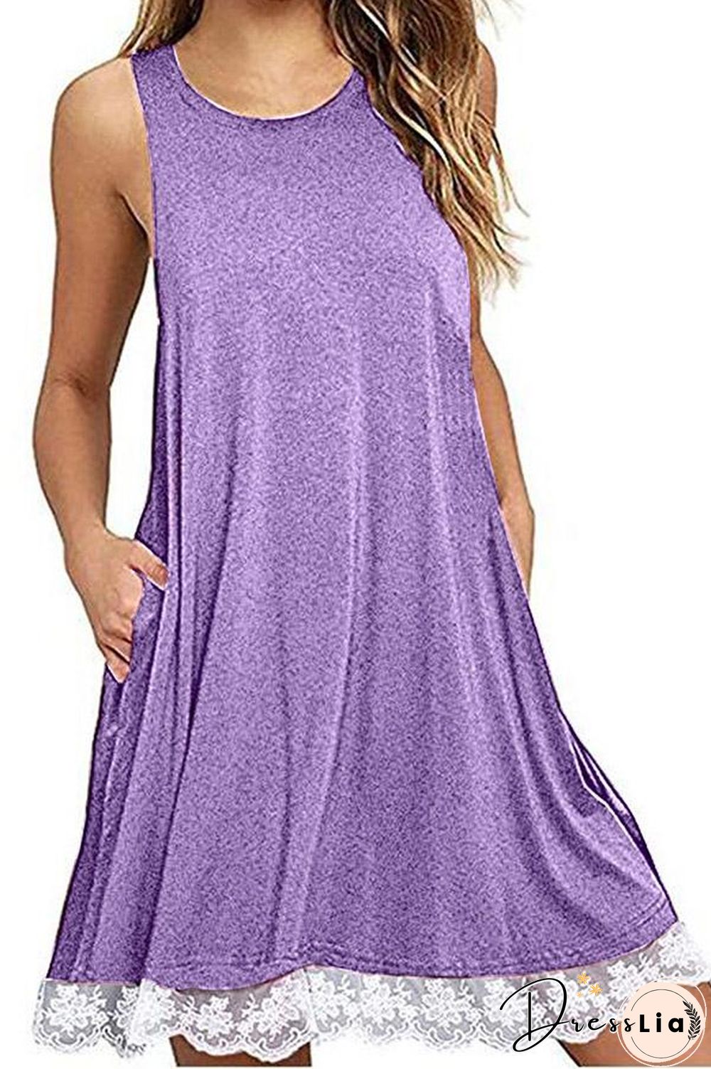 Solid Color Sleeveless Lace Dress