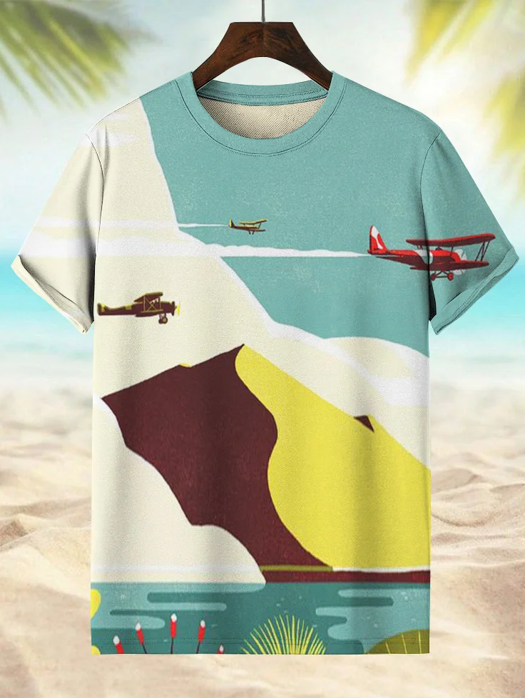 Men's Hawaiian Vacation Retro Airplane Art Print T-Shirt