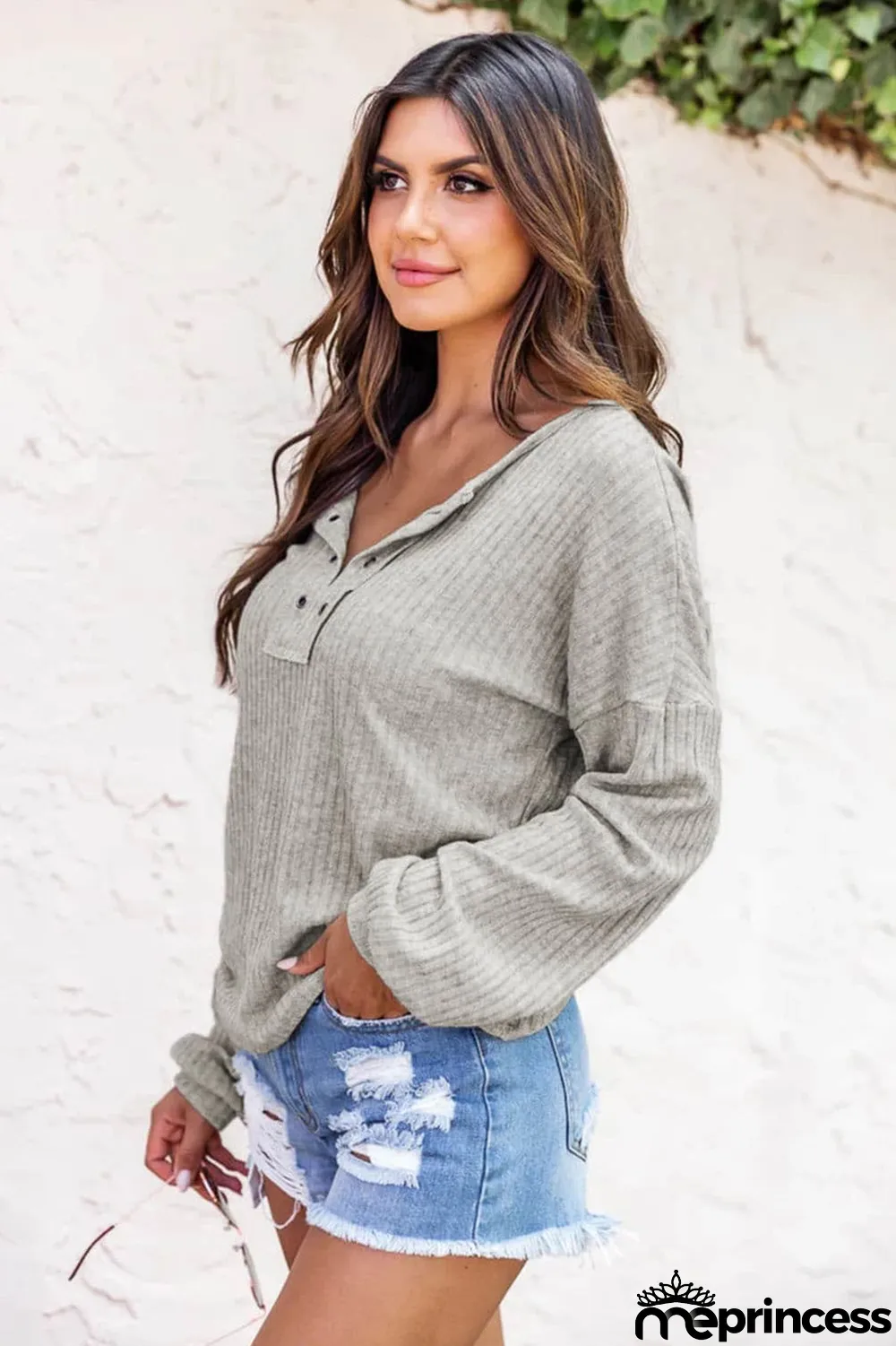 Gray Ribbed Drop Shoulder Long Sleeve Top