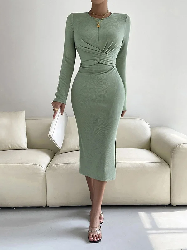 Bodycon Long Sleeves Knot Pleated Solid Color Split-side Tied Round-neck Midi Dresses