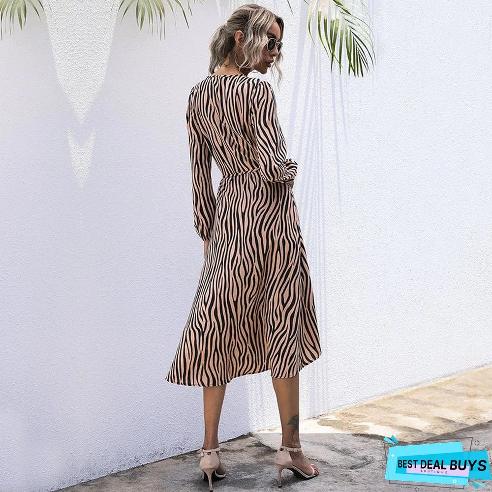 Wrap-Around Long-Sleeved Zebra Print V Collared Lace Dress