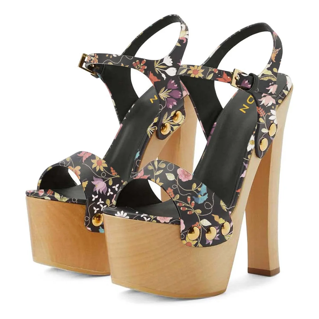 Multicolor Floral Print Summer Sandals Open Toe Studded Platform Heels