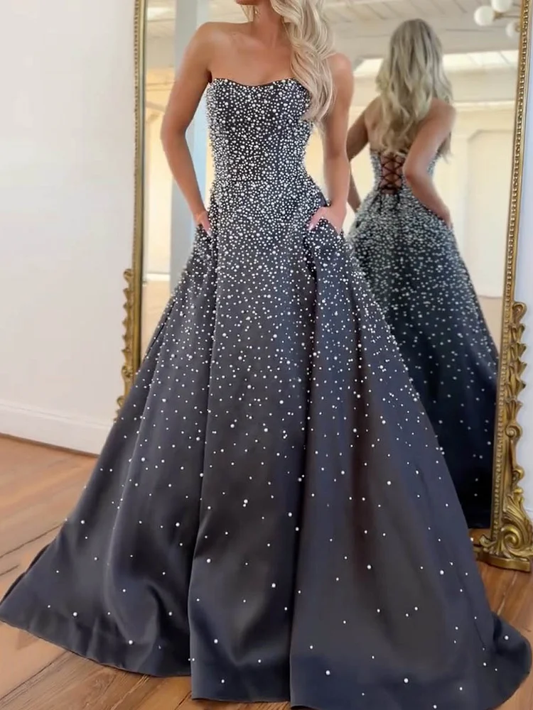 Sequinned Pearl Beaded Sleeveless Tube Maxi Dresses Satin Party Dresses