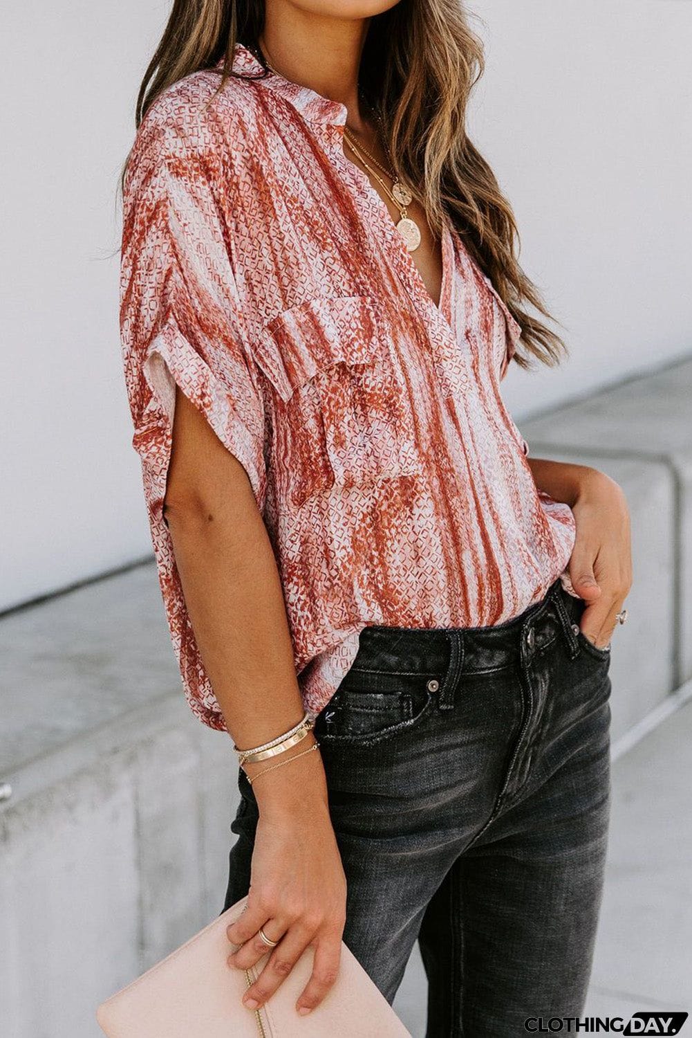 Printed Pocket Short Sleeve Blouse