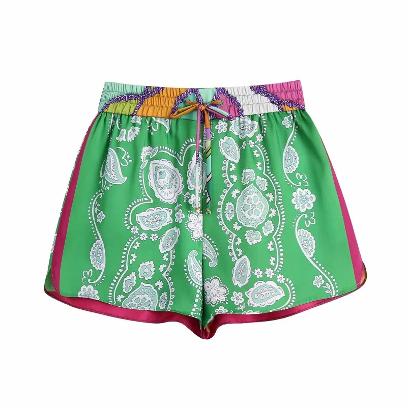Stylish Chic Patchwork Print Shorts Sets Women 2021 Fashion Bow Tie Cropped Shirts Drawstring Elastic Waist Shorts Casual Sets