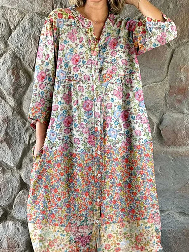 Womens Resort Art Rose Floral  Pattern Cotton Shirt Dress