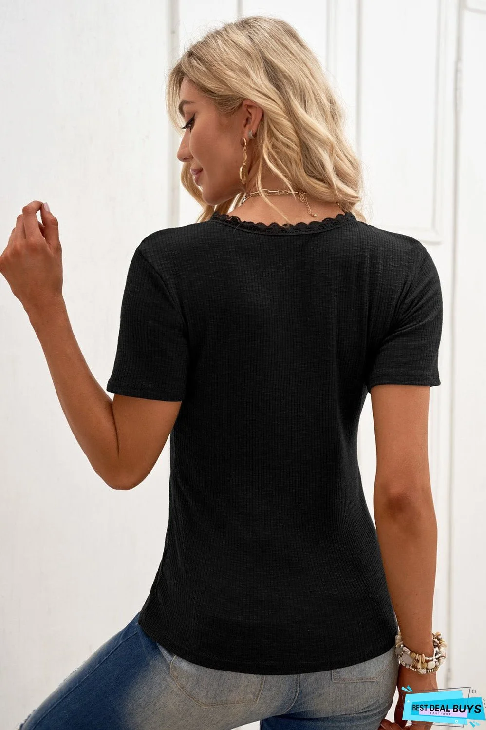 Black Crew Neck Buttoned Ribbed Knit Short Sleeve Top