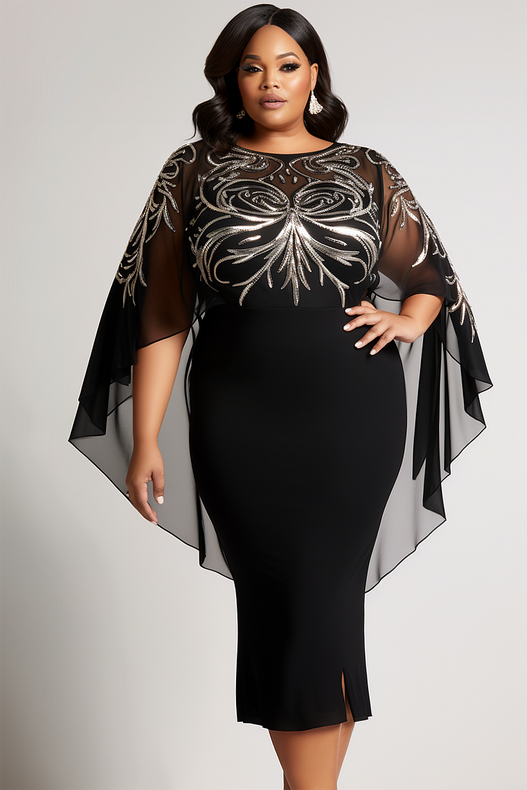 Xpluswear Design Plus Size Mother Of The Bride Elegant Black Round Neck Cape Sleeve Tulle Midi Dresses