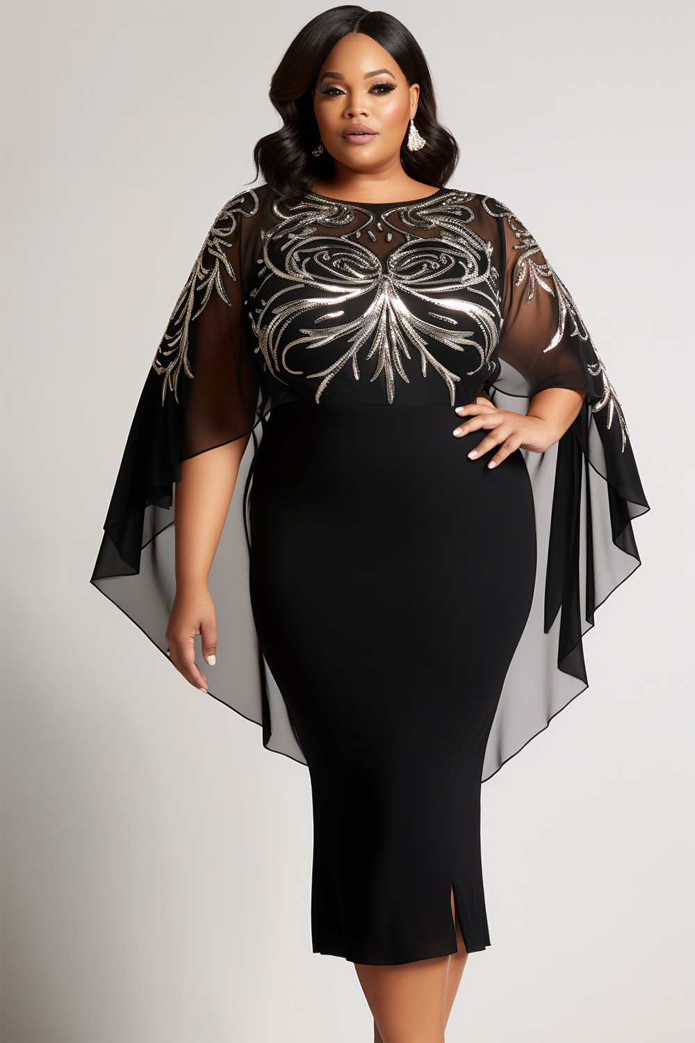 Design Plus Size Mother Of The Bride Elegant Black Round Neck Cape Sleeve Tulle Midi Dresses [Pre-Order]