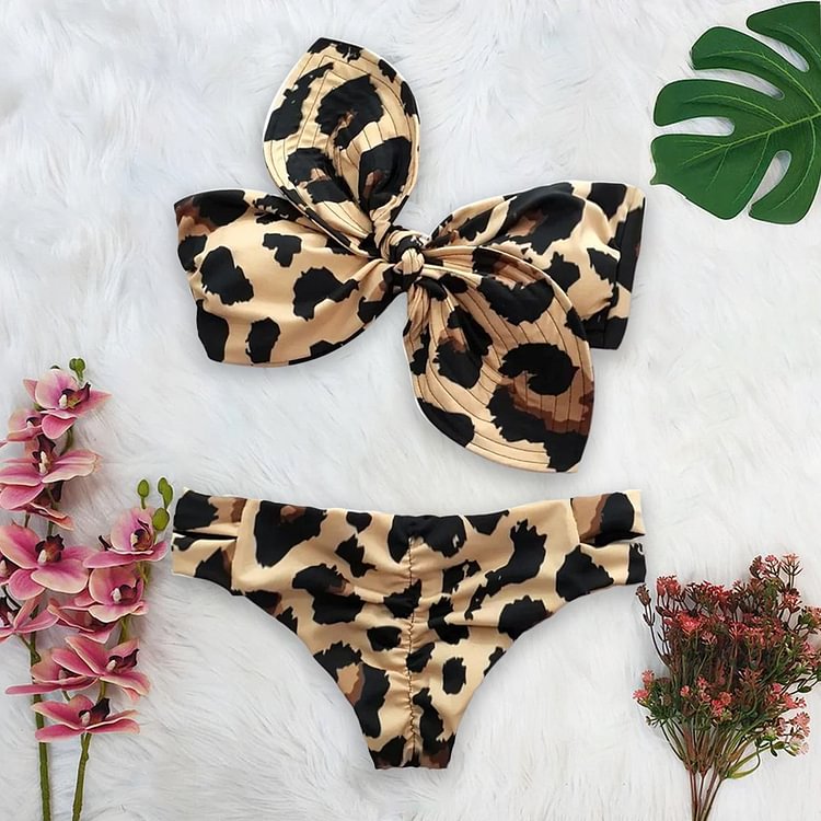Flaxmaker Bowknot Tie Leopard Print Bikini Swimsuit