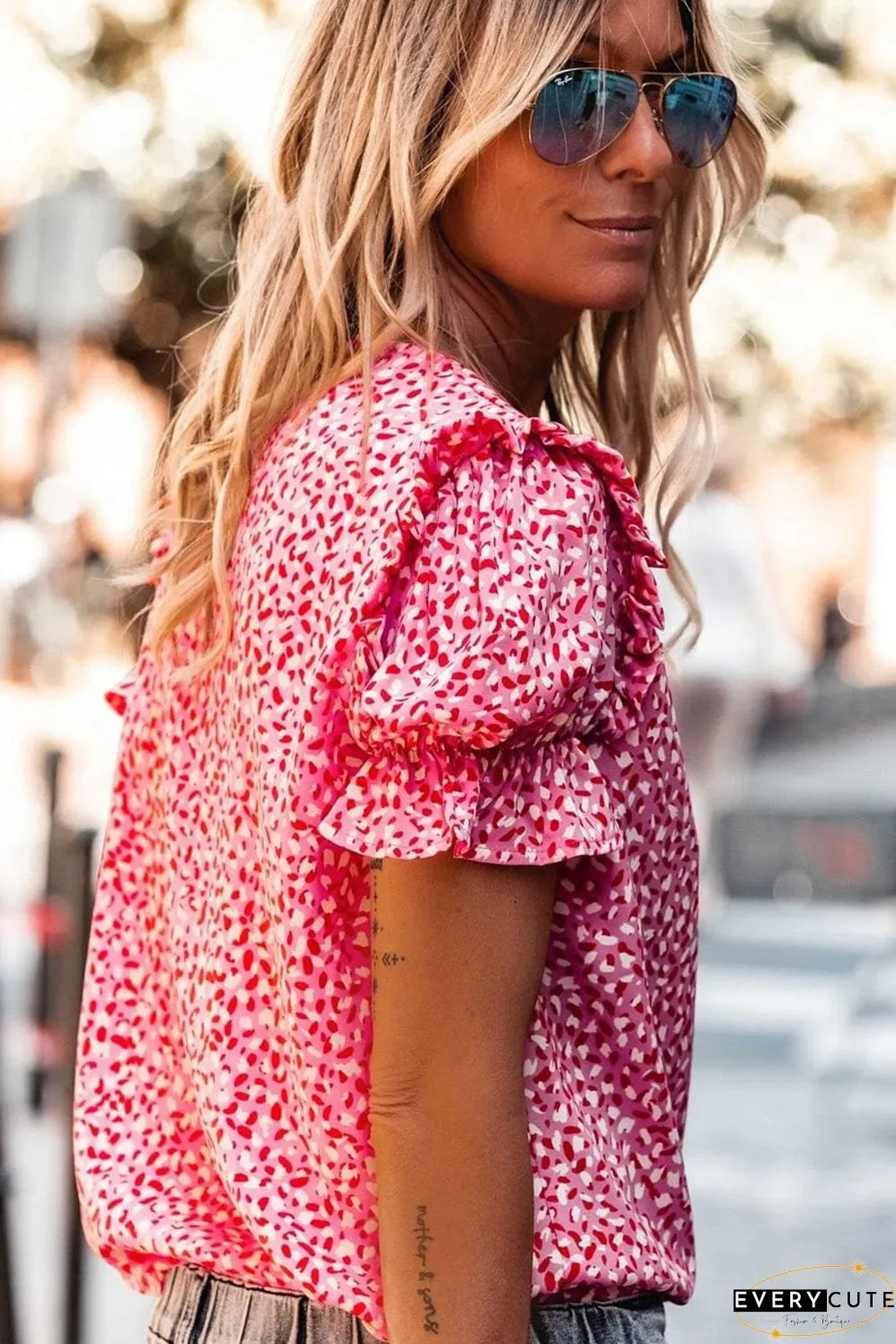 Layered Plaid Short Sleeve V-Neck Lotus Leaf Blouses