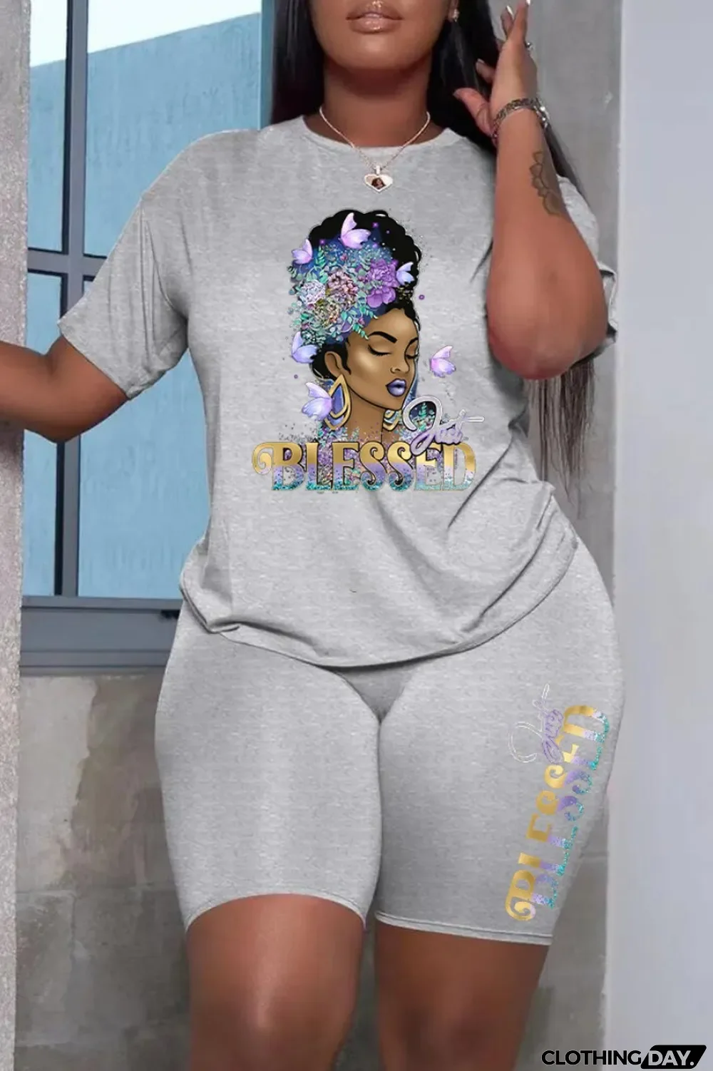 Burgundy Fashion Casual Print Patchwork O Neck Short Sleeve Plus Size Two Pieces