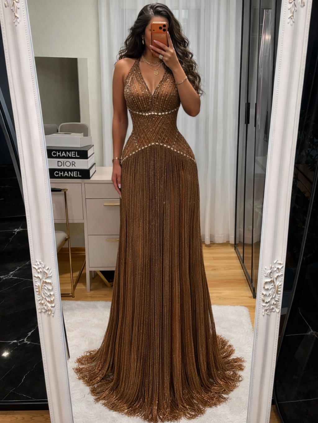 Lussooy Gorgeous Halter Brown Sleeveless Beadings Long Prom Dress with Tassels  