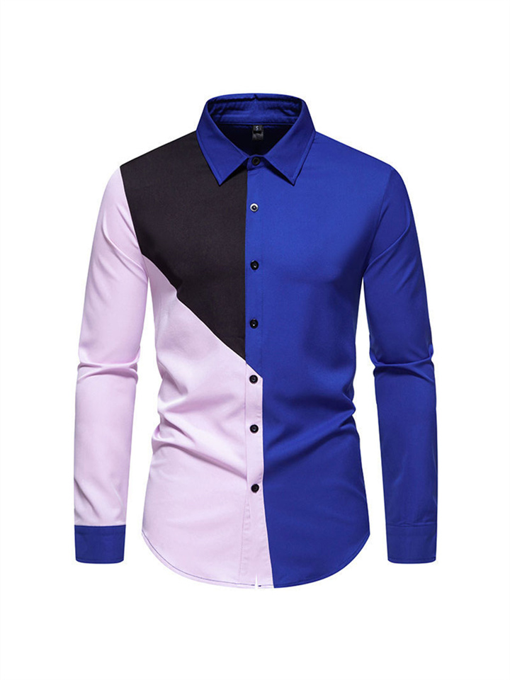 Casual Retro Men's Colorblocking Shirt Autumn and Winter New Lapel Colorblocking Slim Men's Long-sleeved Shirt