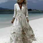 Women's Vintage Floral Printed Art V-neck Long Sleeve Maxi Dress - Image 2