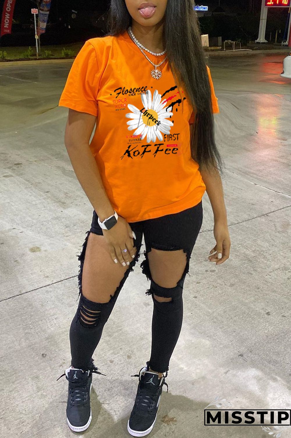 Orange Fashion Casual Print Basic O Neck T-Shirts