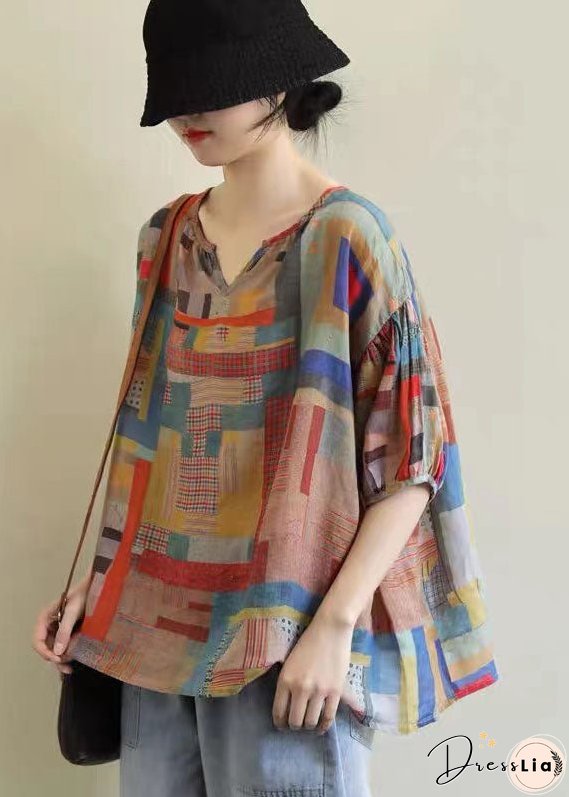 Plus Size V Neck Geometric Print Patchwork Linen T Shirts Top Summer