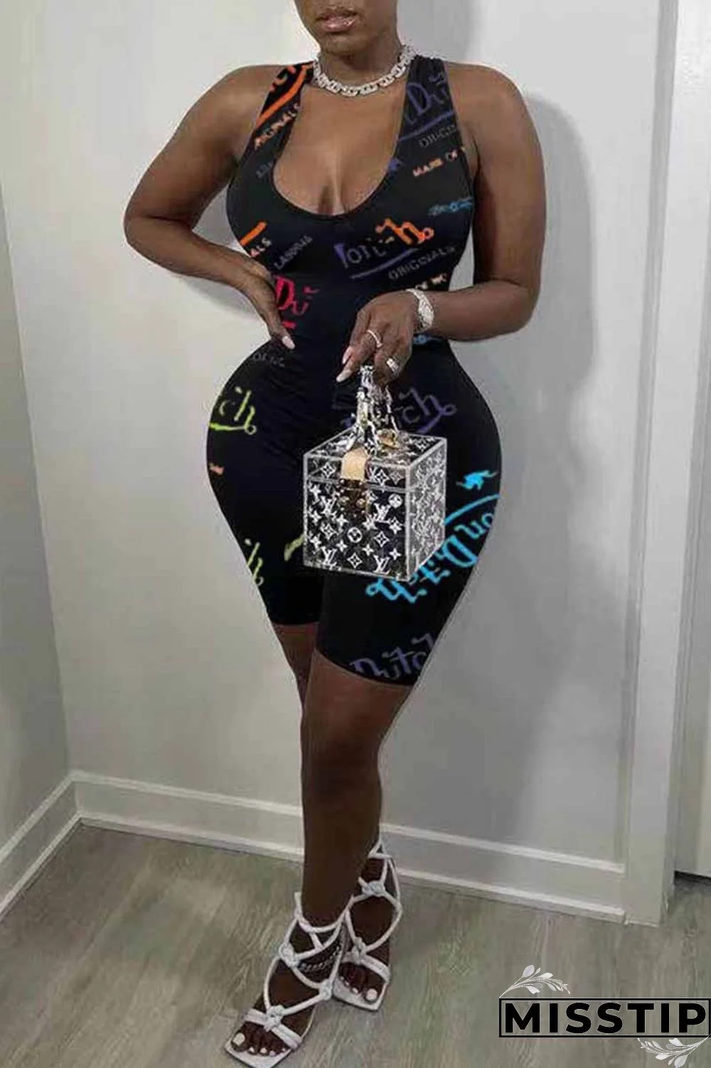 Black Casual Print Backless Letter U Neck Jumpsuits