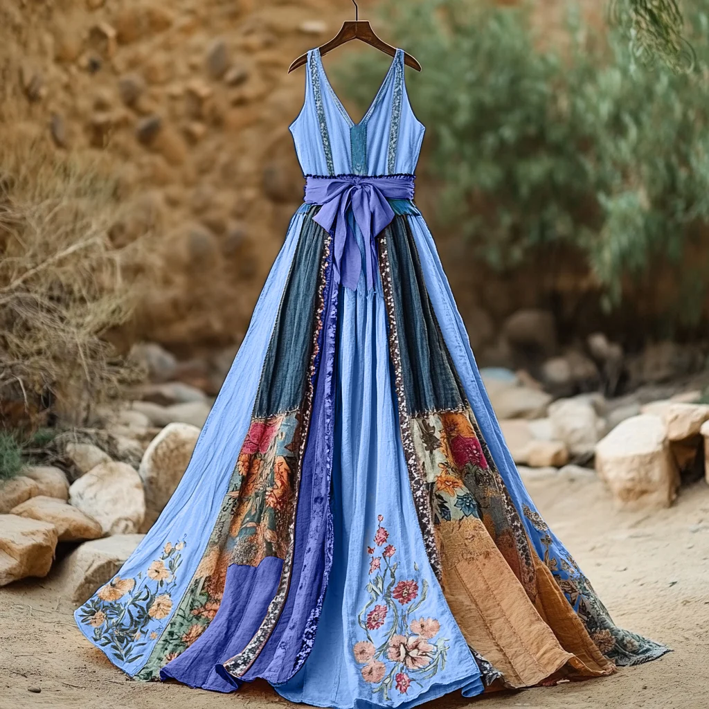 Women's Vintage Floral Art Linen Dress