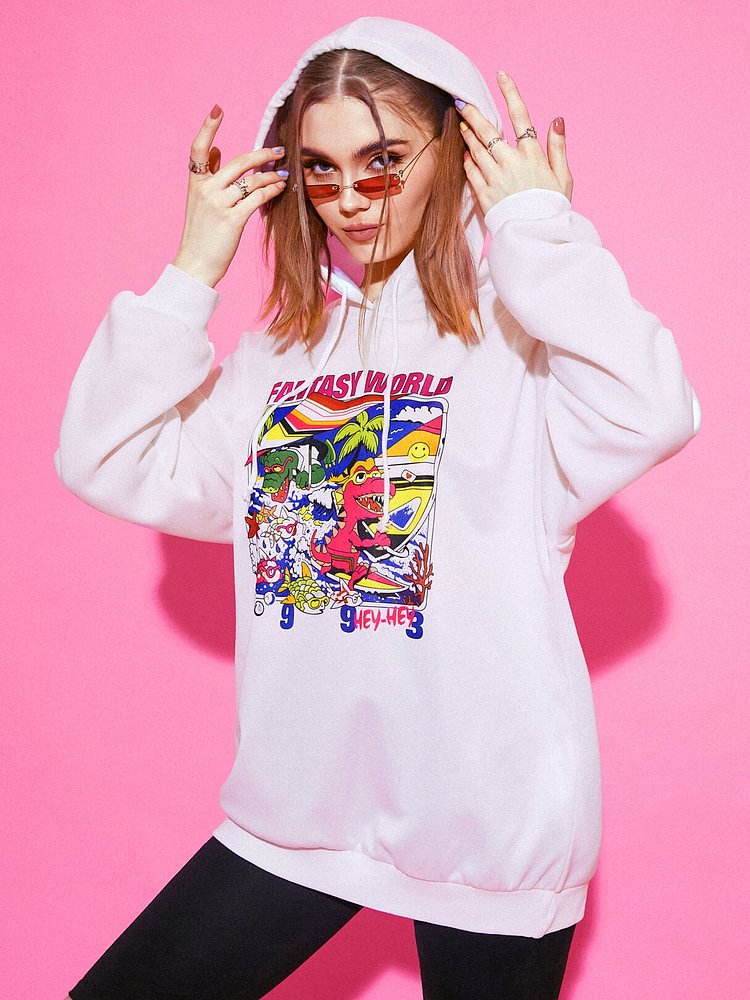 Cartoon Illustration Letter Print Hoodie - Shop Trendy Women's Fashion | TeeYours
