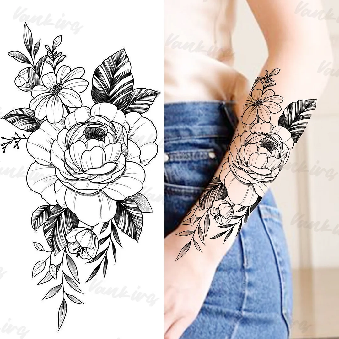 Sdrawing Peony Temporary Tattoos For Women Girls Realistic Anchor Butterfly Flower Fake Tattoo Sticker Sexy Body Arm Tatoos DIY