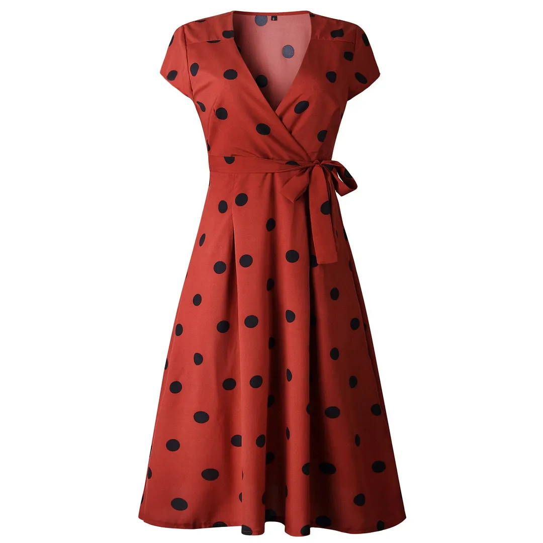 2021 Summer Dress Women Vintage Dress Casual Polka Dot Printed A-Line Party Dresses Sexy V-neck Short Sleeve Long Dress Fashion