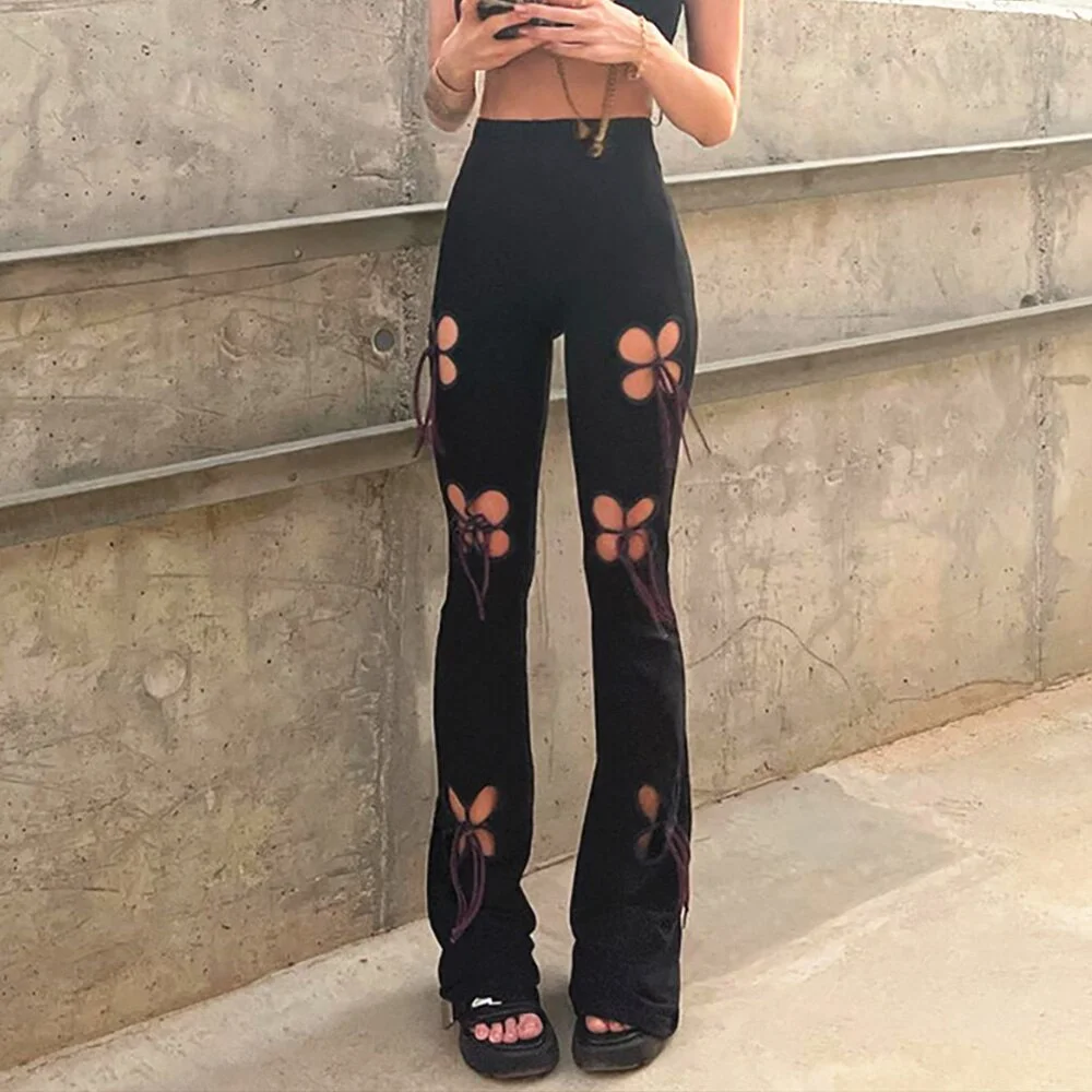 Brownm 90s Aesthetics Retro Butterfly Hollow Out Long Pants Cyber Y2K High Waist Bandage Trim Black Trousers Slim Women Bottoms