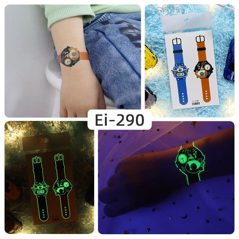24 kinds Luminous Tattoo Sticker Children Arm Face Glowing Tattoos Watch Boys Body Art Girls Tatto Party Makeup Kids Gift