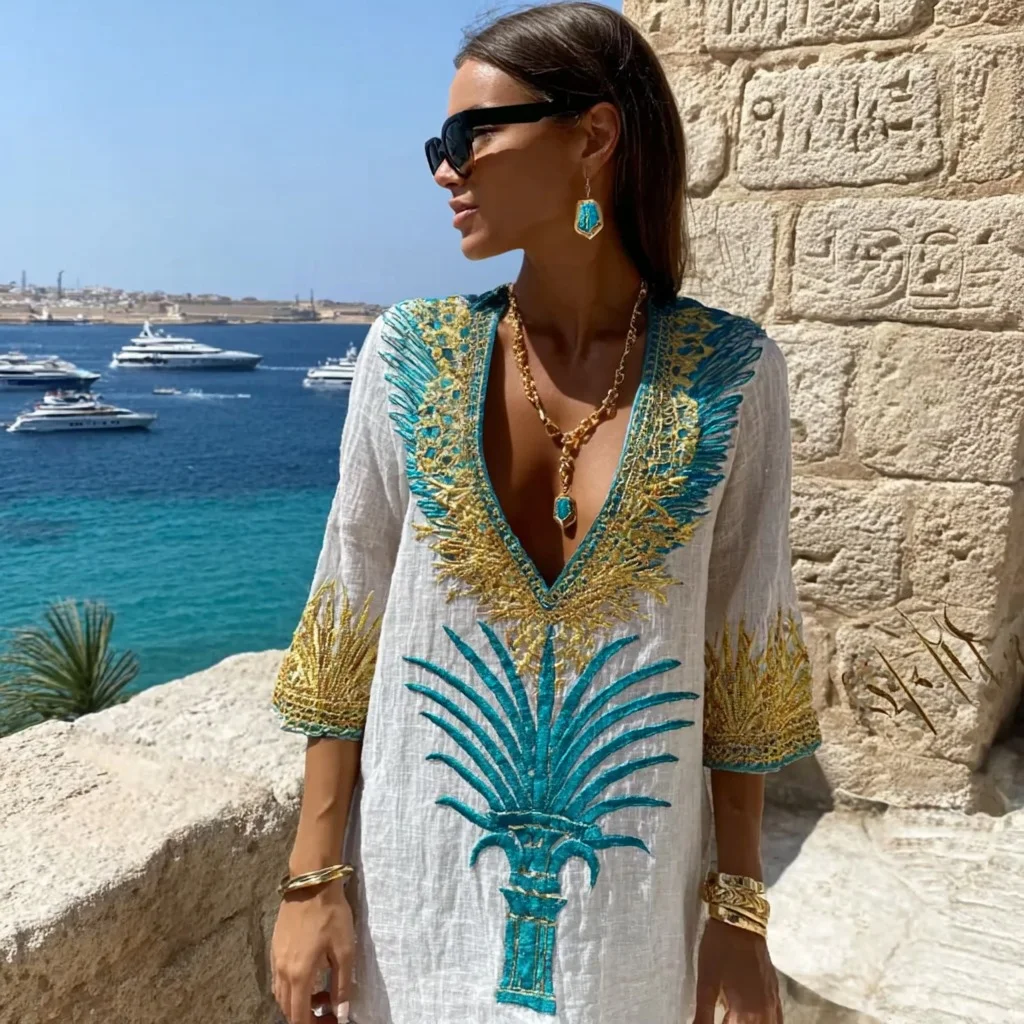 Women's Ancient Egyptian Lotus Gilded Basic Long Sleeve Dress