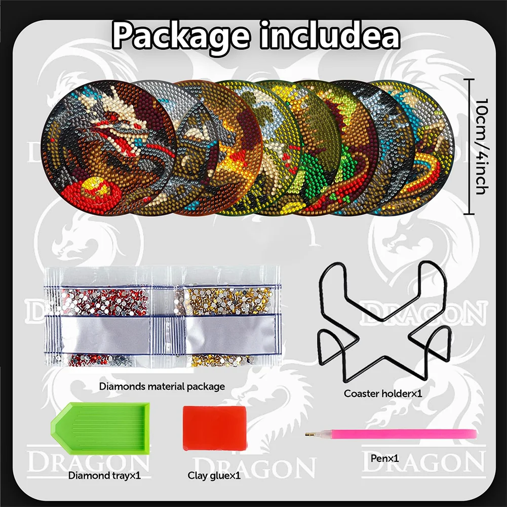 8pcs DIY Dragon Diamond Painting Wooden Coasters Kits for Adults Kids Beginner Gift Supplies