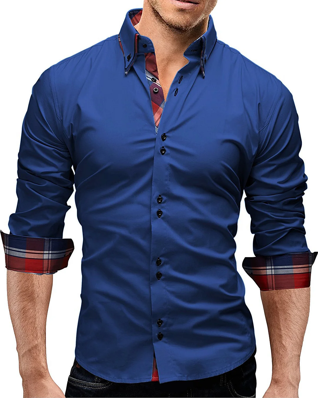 Men's double collar stitching plaid shirt