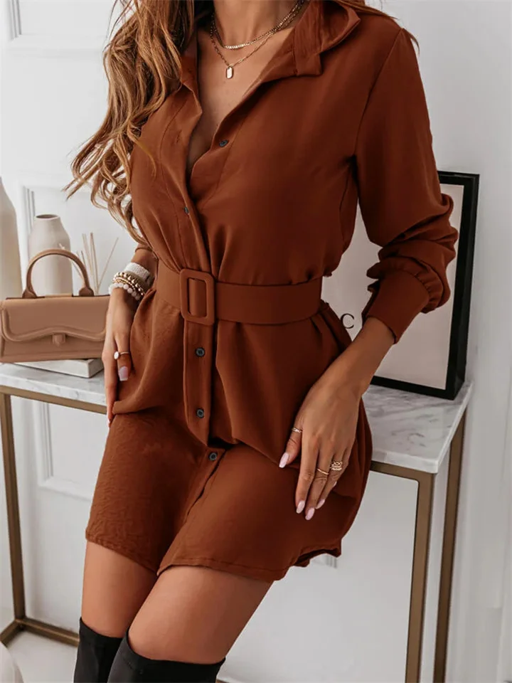 Autumn and Winter Single-breasted Belt Temperament Slim Long-sleeved Lapel Solid Color Temperament Commuter Dresses