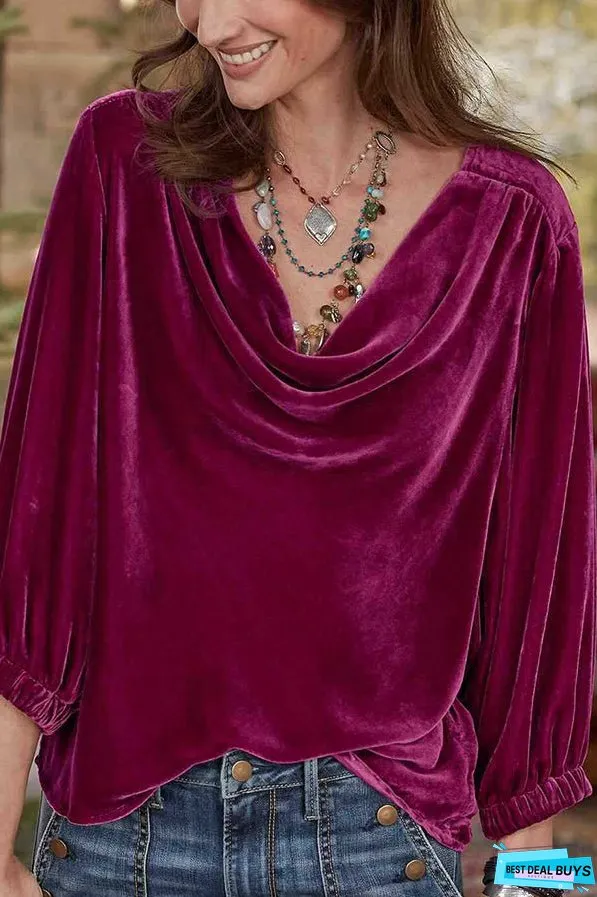 Solid gold velvet stacked collar pleated T-shirt