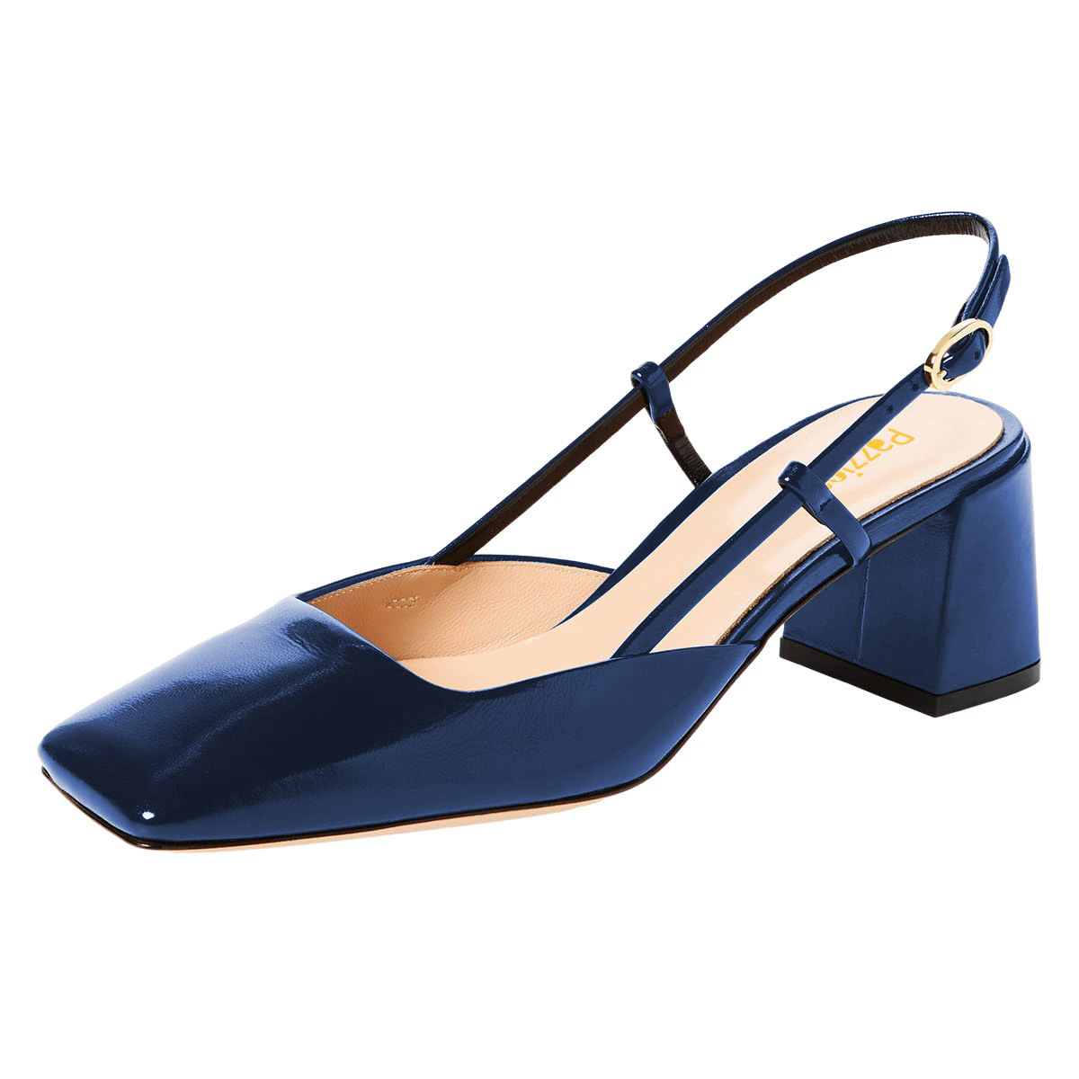 Blue Square Toe Block Heel Buckle Pumps Shoes with Slingback Nicepairs