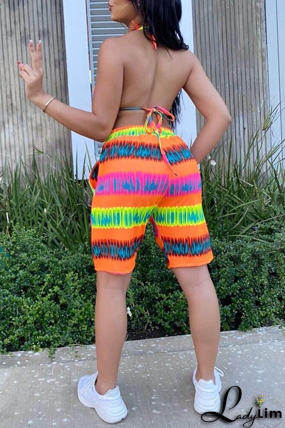 Orange Fashion Sexy Print Bandage Backless Halter Sleeveless Two Pieces