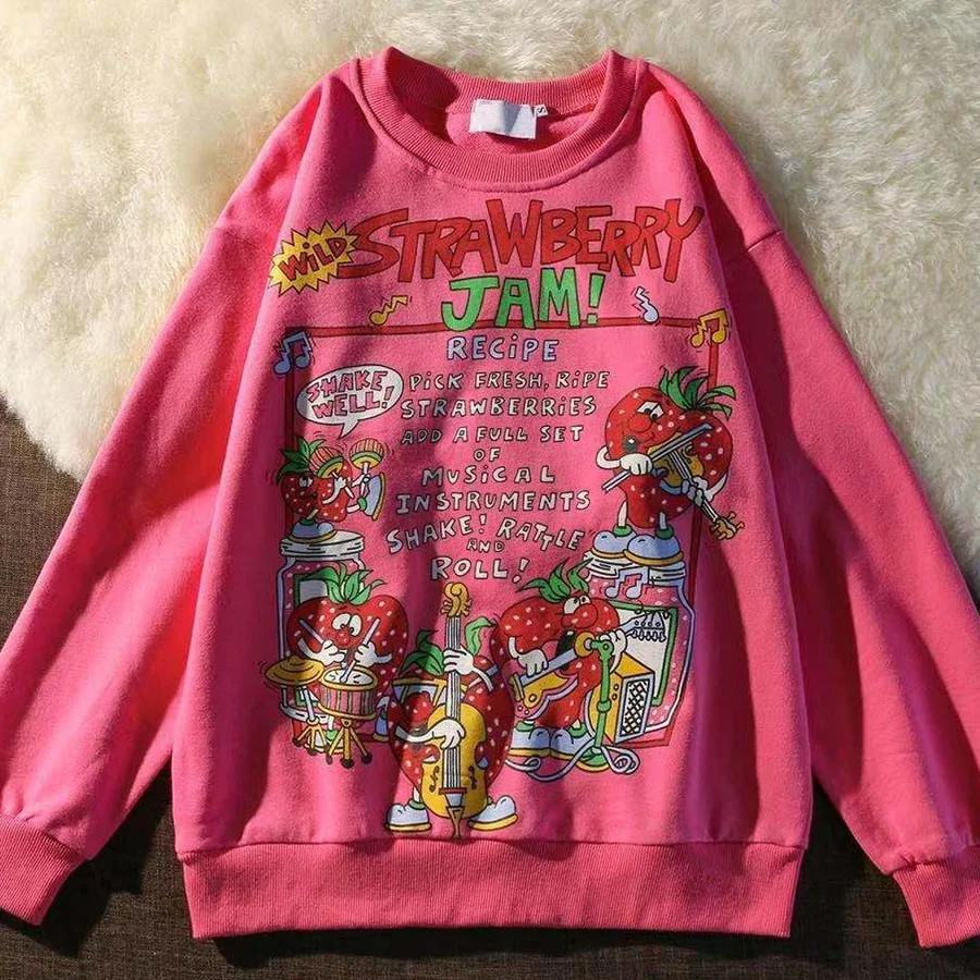 Brownm Rose Red Cartoon Letter Print Sweatshirt Vintage Streetwear Fashion Tops 2021 New O-neck Casual Teens Clothes Goth Punk