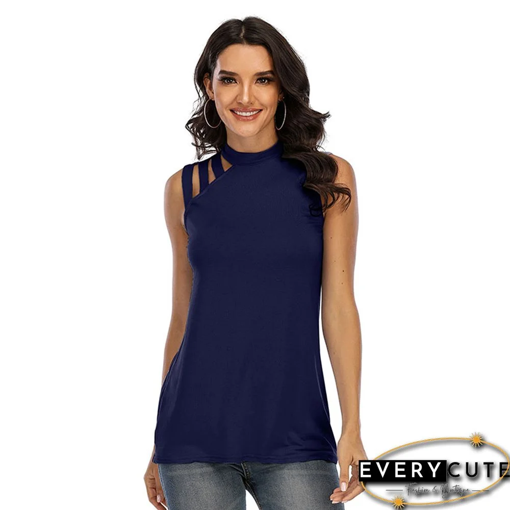 Navy Blue Solid Single Cold Shoulder Tank Top