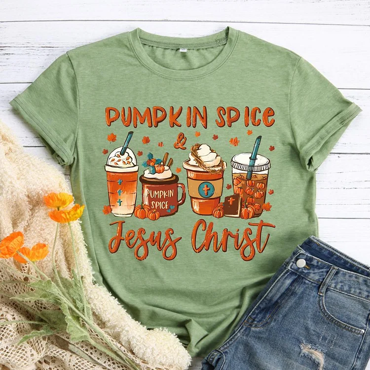 Pumpkin Spice Jesus Christ Round Neck T-shirt-0019197