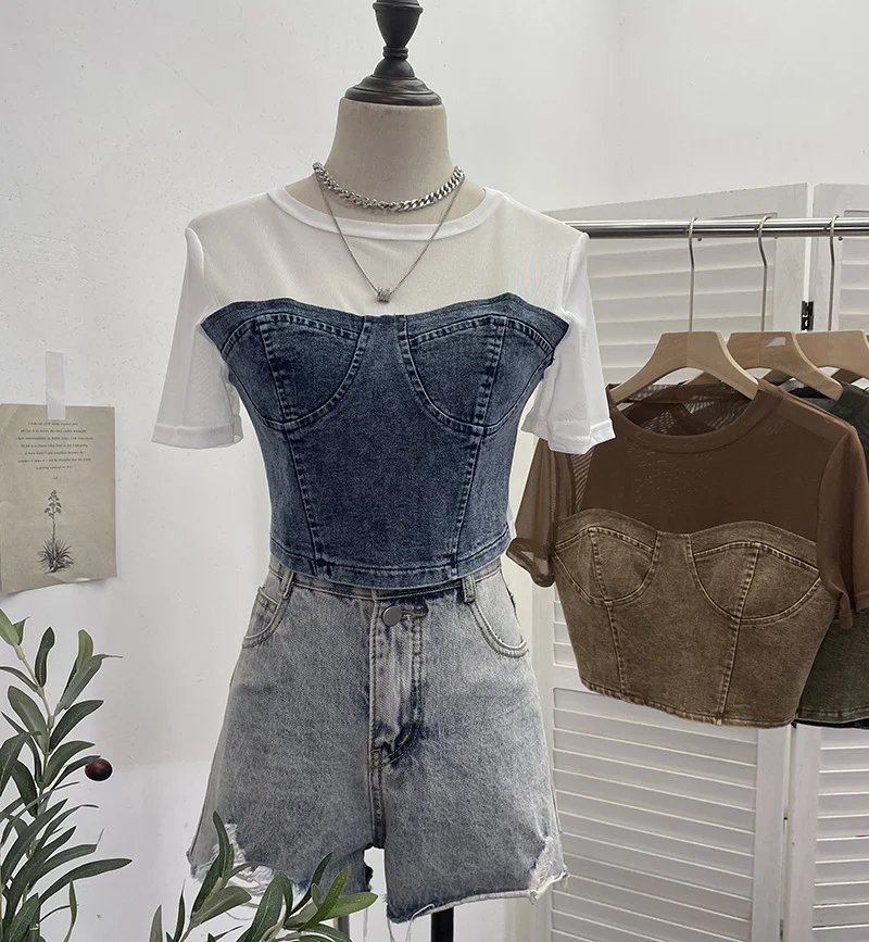 Uveng Real Shooting 2024 Summer Denim Splicing Mesh Yarn Short-Sleeved T-Shirt Design Fake Two Hot Girl Short Top 26231
