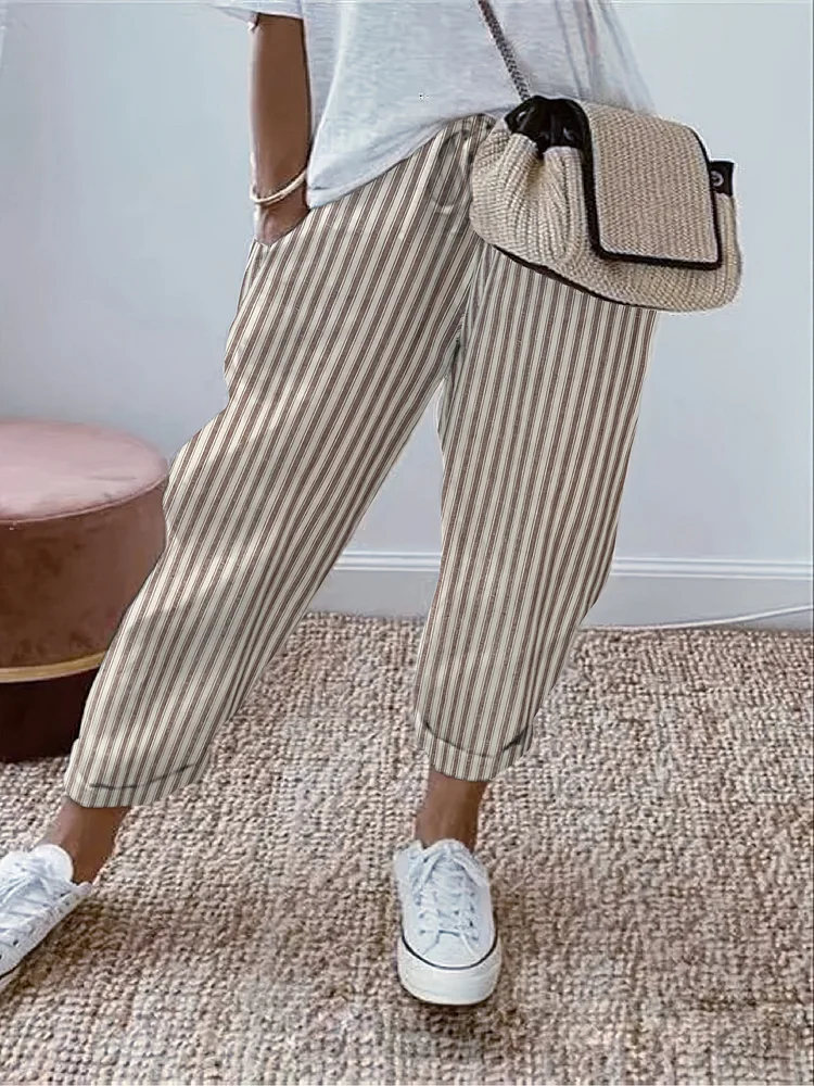 Women's Striped Elastic Waist Ankle Trousers For All Seasons, Loose And Comfortable Version Of Casual Trousers With Pockets, Suitable For Daily Work And Casual Outing