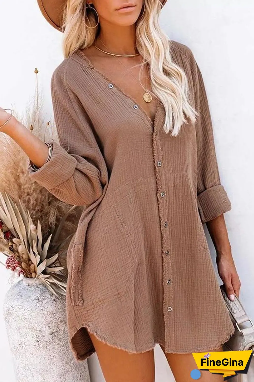Button Pockets Shirt Mini Dress