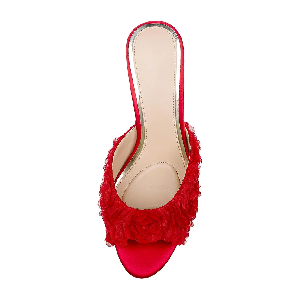 Elegant Red Peep Toe Stiletto Heel Ruffle Slip On Mules for Women